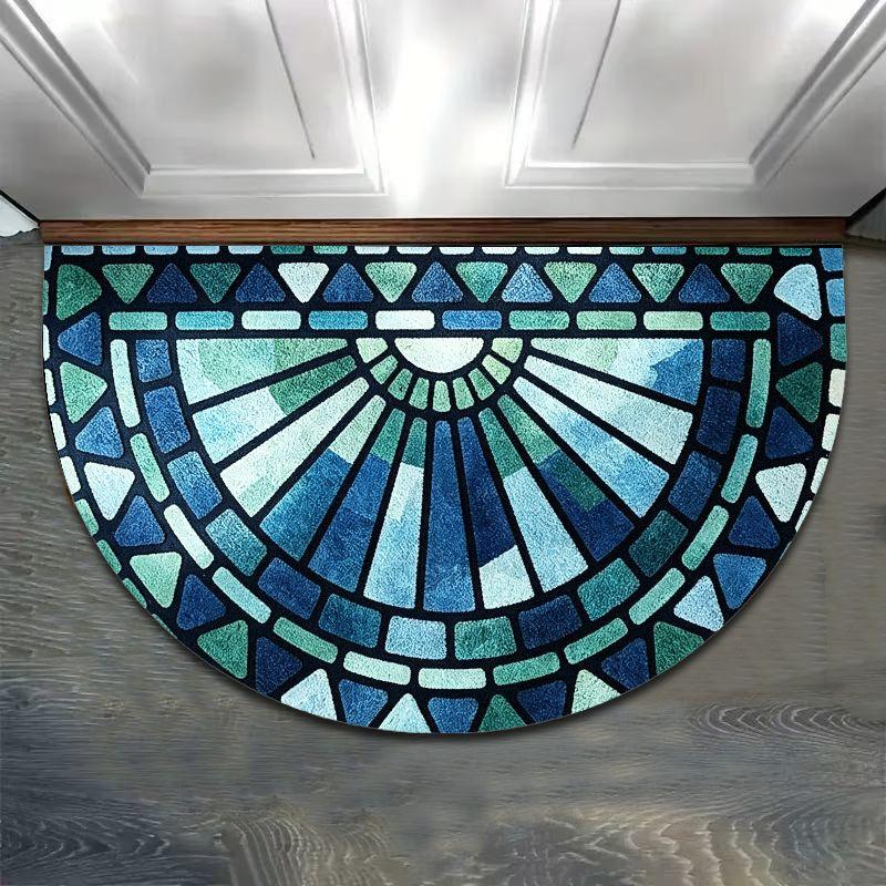 Gradient Teal Mosaic Half Round Bath Mat, Non-Slip Water Absorbent Stained Glass Style Bathroom Floor Rug