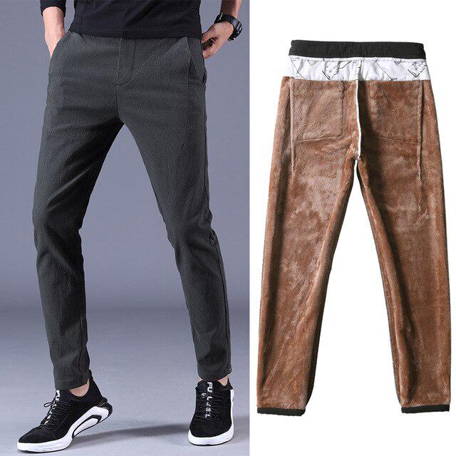 Winter Men 'S Warm Slim Casual Pants Thickening Fleece Skinny Stretch Trousers Black Gray Male Brand Clothes
