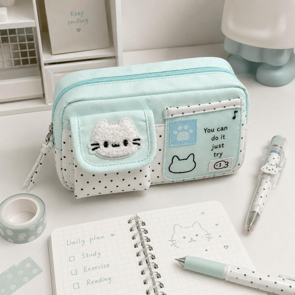 Durable Cat Pen Bag Large Capacity Stationery Bag Simple Cartoon Pencil Case Office