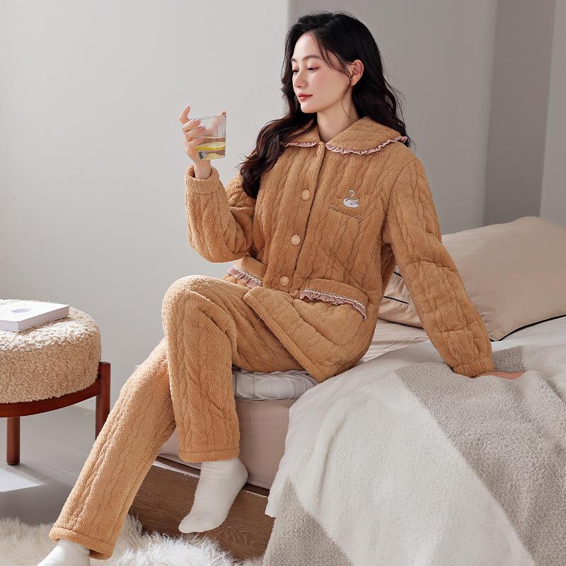 Winter Women'S Three-Layer Padded Pajamas, Winter Large-Size Set, Coral Fleece Fleece Thickened Loungewear
