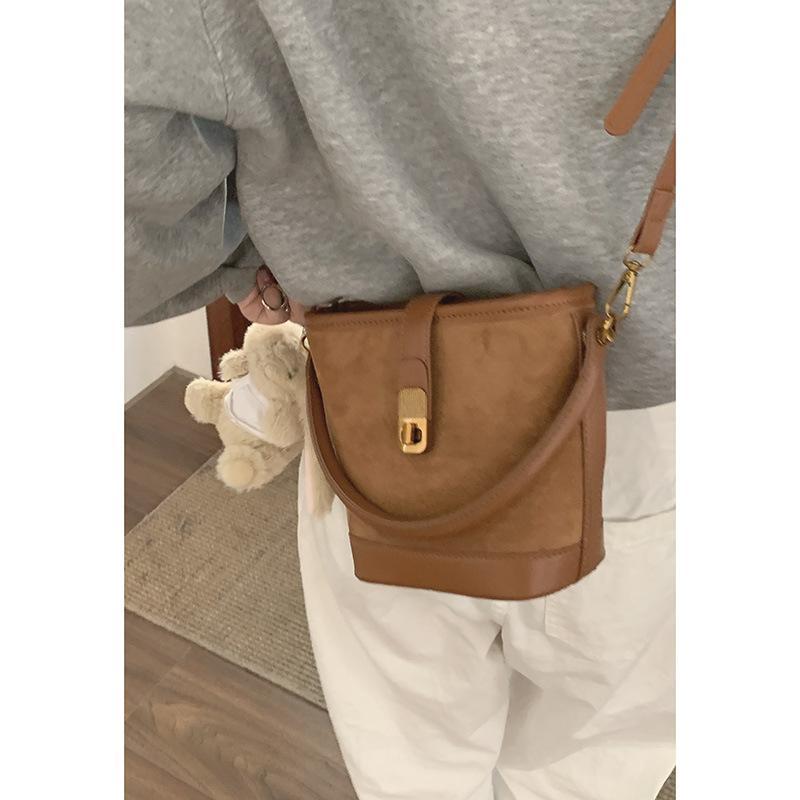 Tooxika Women's New Fashion Suede Handbag Retro Bucket Bag Simple Versatile Shoulder Bag Messenger Bag