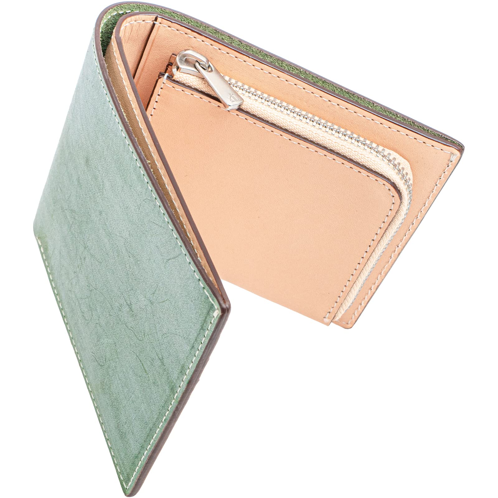 

Bifold Wallet Wallet Bridle Leather Tanned Leather All Genuine Leather YKK Zipper Green [Dom Teporna] Men s Women s L-shaped зелений