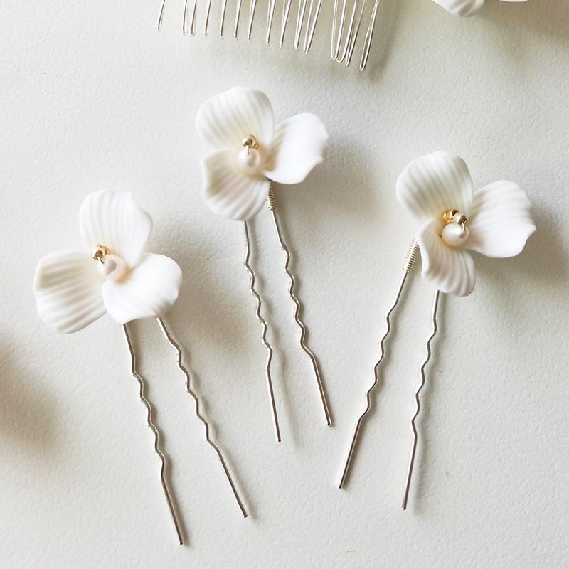 Diadema da Sposa Fiore in Argilla Ceramica Cristallo Perla Pettine per Capelli Spille Accessori Copricapo da Donna per Matrimonio Festa Idee Acconciature