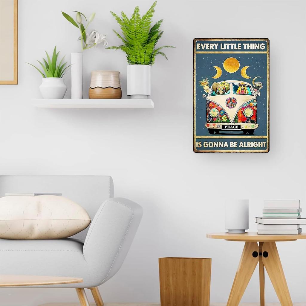 WTREEW Retro Hippie Decor Wall Art Poster - Every Little Thing Is Gonna Be Alright Vintage Metal Sign Peace Wall Decor