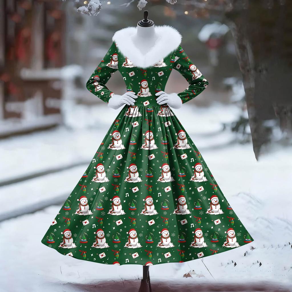 Women's Casual Dress Long-Sleeve V-Neck Patchwork Fleece Christmas Print Dress