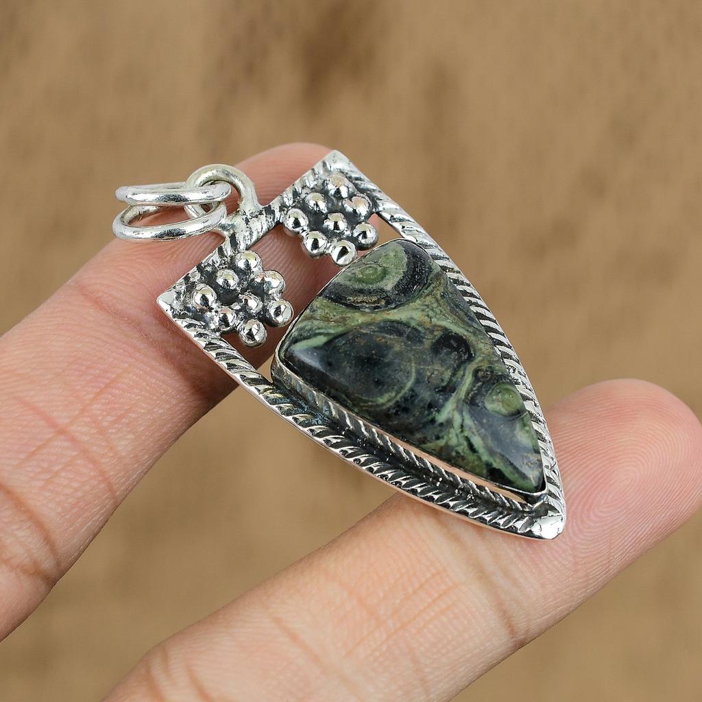 Sterling Silver Trillion Kambaba Jasper Gemstone Ethnic Birthday Pendant Jewelry