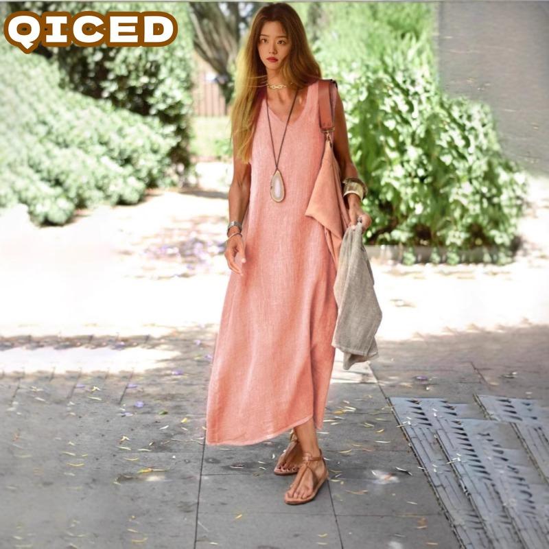 QICED Fashion Summer Spring Solid Color Print Sleeveless V-Neck Casual Dresses