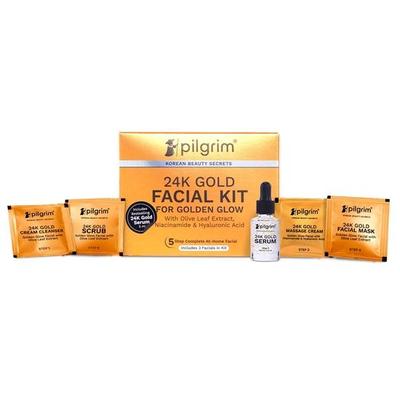 Pilgrim 24K GOLD FACIAL KIT For Instant Radiance & Golden Glow with 5 Easy Steps | with Gold Cream Cleanser, Gold Scrub| All Skin Types | 30 Gm