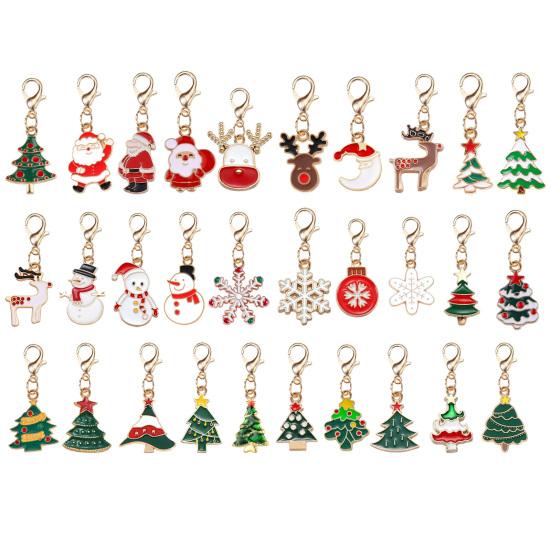 Oil Dripping Pendants 10/20/30Pcs Christmas Keychain Set, Golden Plated Alloy Enamel Keyring Pendant, Kit Santa Tree Reindeer for Holiday Bag