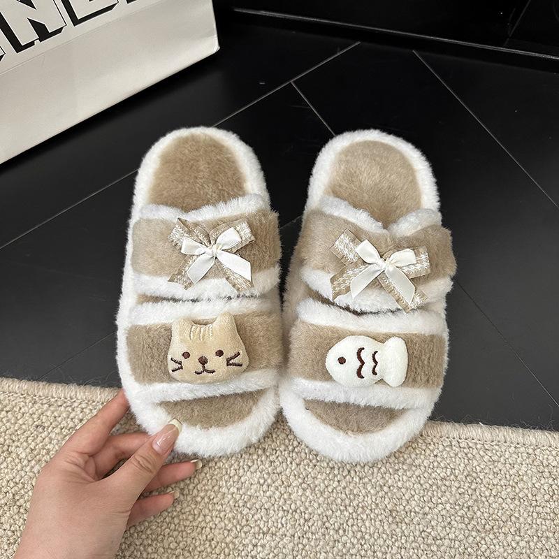 Cute kitten fish thick-soled fluffy slippers girl 2025 autumn fashion outer wear thick-soled bow cotton slippers woman