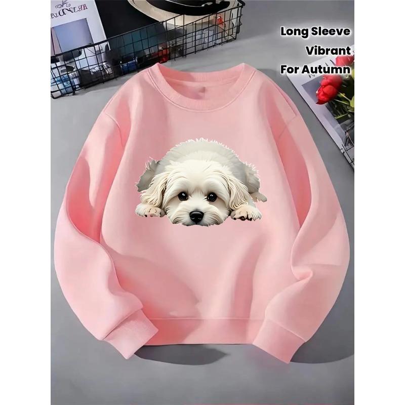 European sizes Fluffy White Puppy Print Kids' Fashionable crewneck sweatshirt,   children's long sleeved, casual multi colored   Children's clothing
