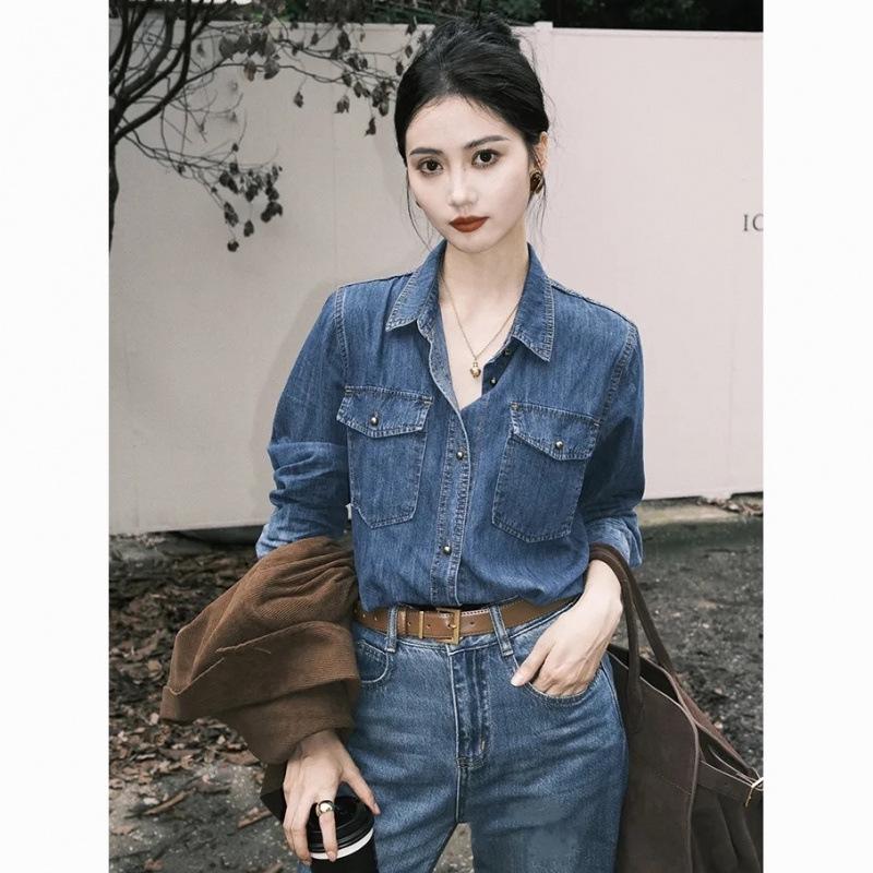 Women's Retro Hong Kong Style Washed Denim Long Sleeve Shirt - Autumn/Winter Korean Design Layering Outerwear