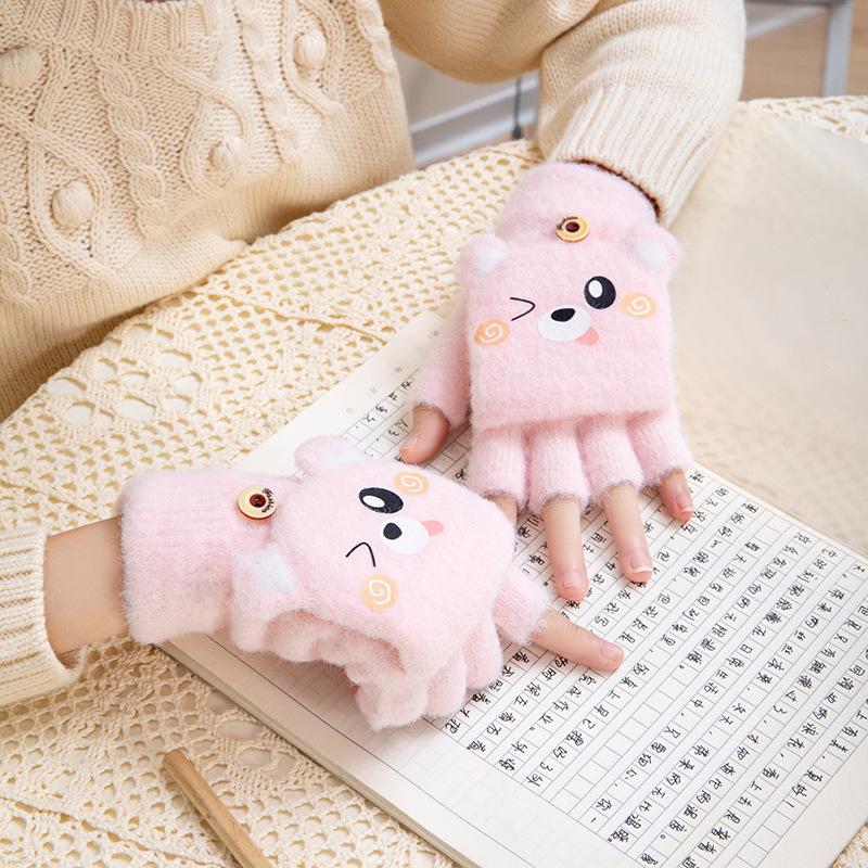 1 Pair Kids Flip Mittens with Finger Caps Winter Warm Gloves with Cartoon Print Breathable Five-Finger Design for Boys Girls