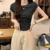 Front Shoulder Crew Neck Short Sleeve T-Shirt Women's Summer Design Sense Waist Skinny Curved Hoop Short Xiaofei Sleeve Slim Top