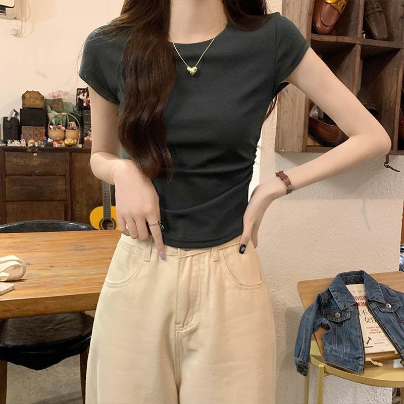 Front Shoulder Crew Neck Short Sleeve T-Shirt Women's Summer Design Sense Waist Skinny Curved Hoop Short Xiaofei Sleeve Slim Top