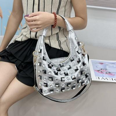 Stylish Rhinestone-Embellished Large Capacity Tote Bag Women Crossbody Commuter Shoulder In White Red Black Gold