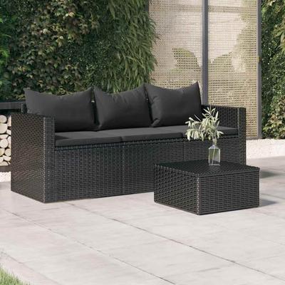 Vidaxl 3-Seater Garden Sofa With Cushions, Black, Poly Rattan