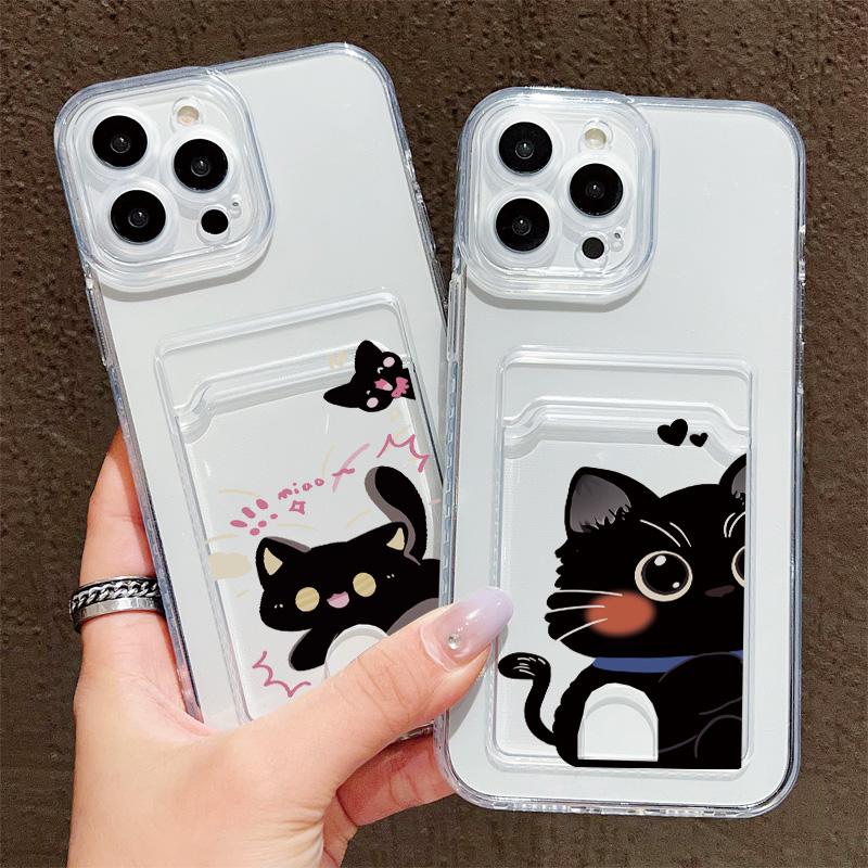 Card Slot Holder Silicone Wallet Pocket Case For Samsung A54 A24 Reno 12F 13F 14F Xiaomi Redmi Note 14 13 12 iPhone 13 14 16 Cover Clear Phone Bumper