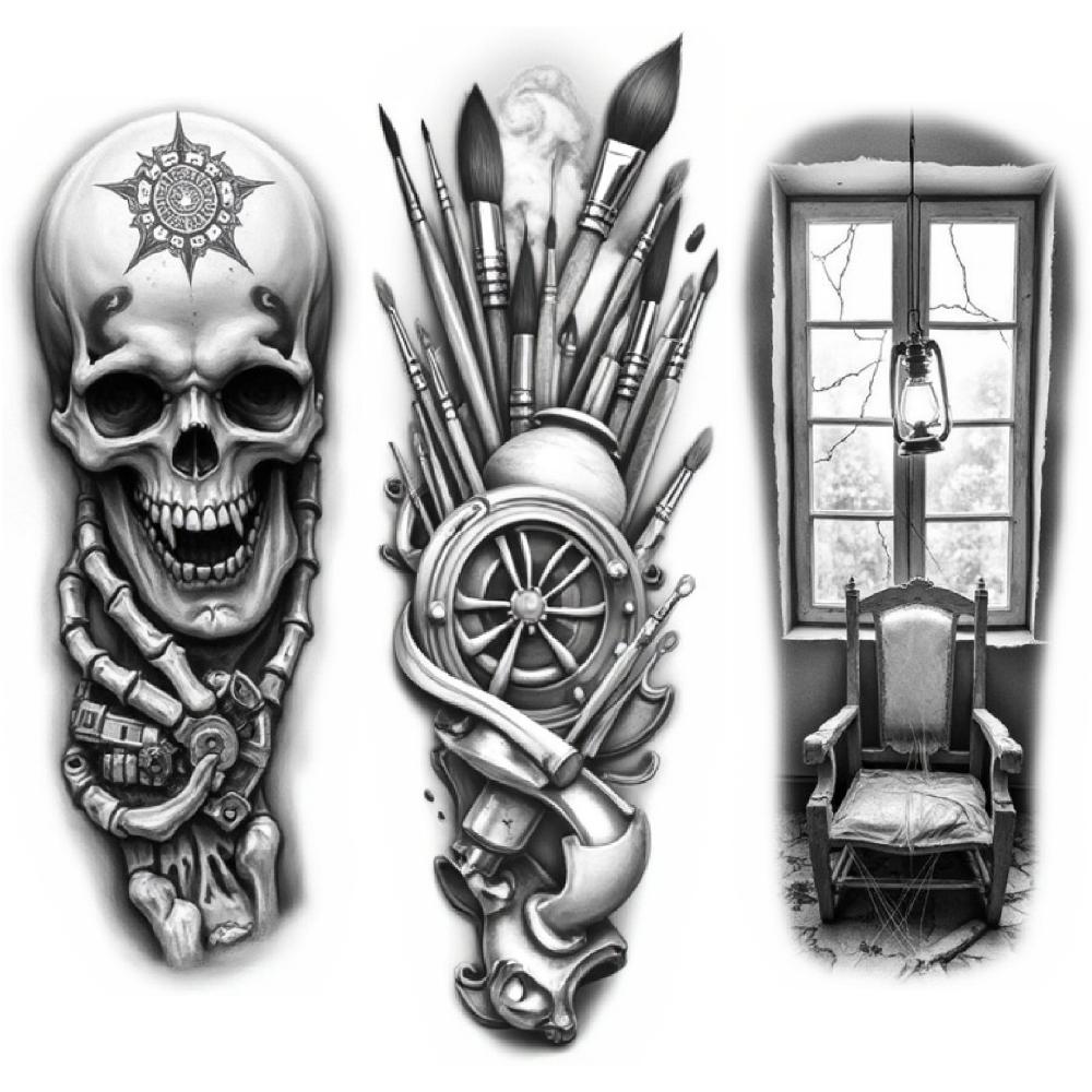 3pcs Temporary Tattoo Black And Grey Realism Ravens Candle Skull For Women Thighs Arms