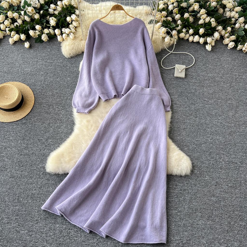 Autumn Casual Two Pieces Sets Women O-Neck Loose Knitting Top+Elastic Waist Large Swing Skirt Basic Korean Winter Sets