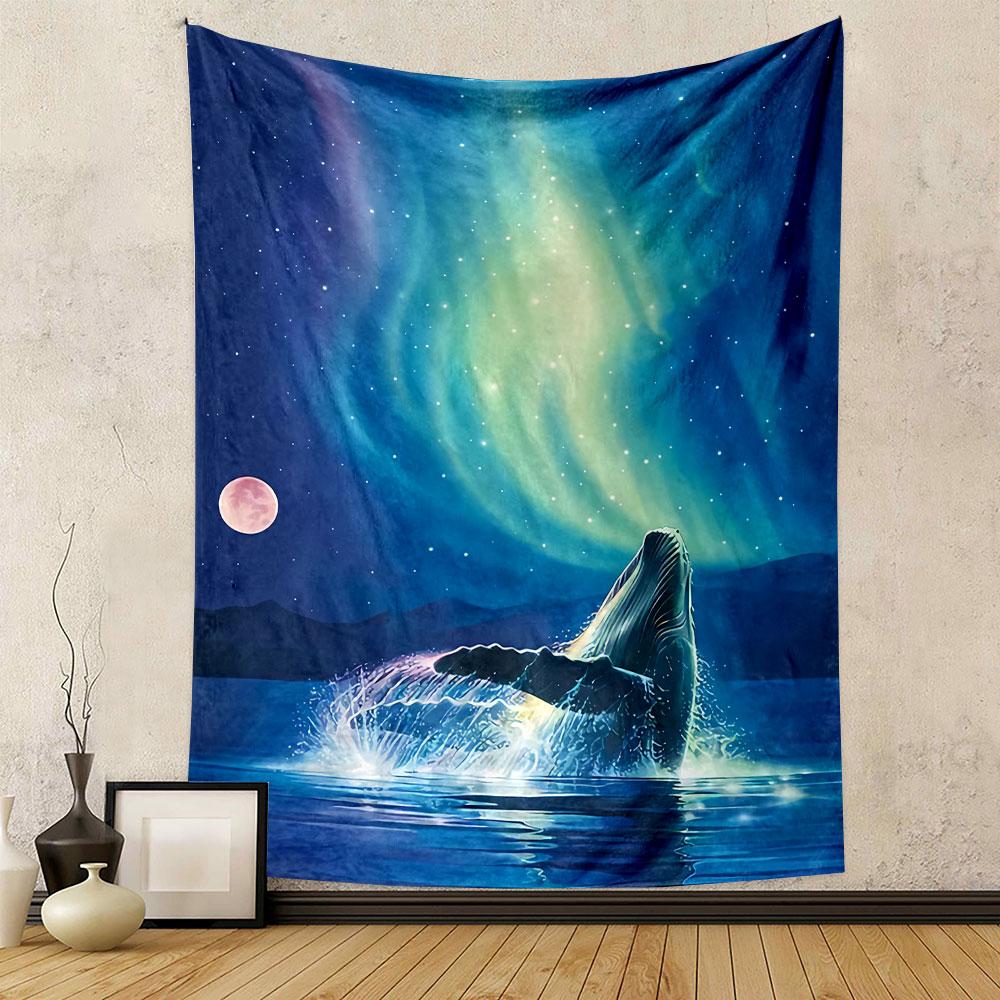 Whale Leaping Aurora Night Tapestry Wall Hanging, Ocean Moonlight Illustration, Nautical Wall Decor for Bedroom Living Room Dorm