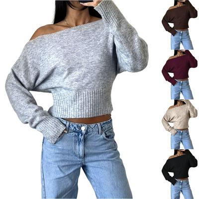 Women's Casual Fashion Off-Shoulder Solid Color Short High-Waisted Slimming Sweater