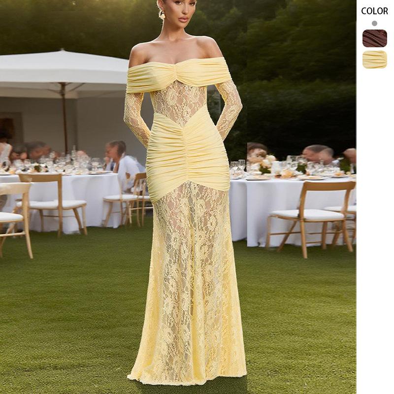 Temperament Lace One-word Collar Shoulderless Long Dress Fashion Sexy Long Sleeve Backless Slim Dress Women