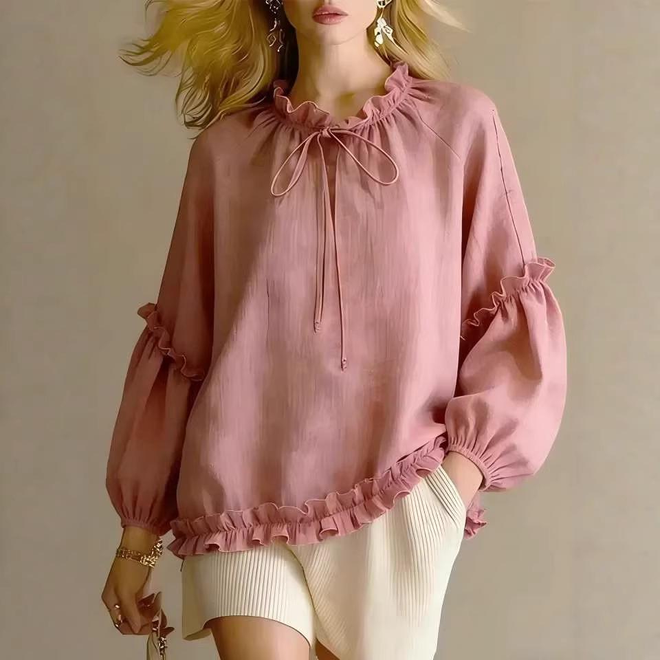 Spring and Autumn New Women's Casual Crew Neck Long Sleeve Loose Solid Color Top