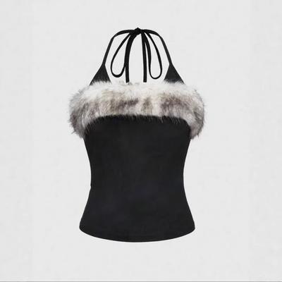 Top casual aderente senza maniche in peluche patchwork sexy senza schiena con scollo all'americana per primavera e autunno