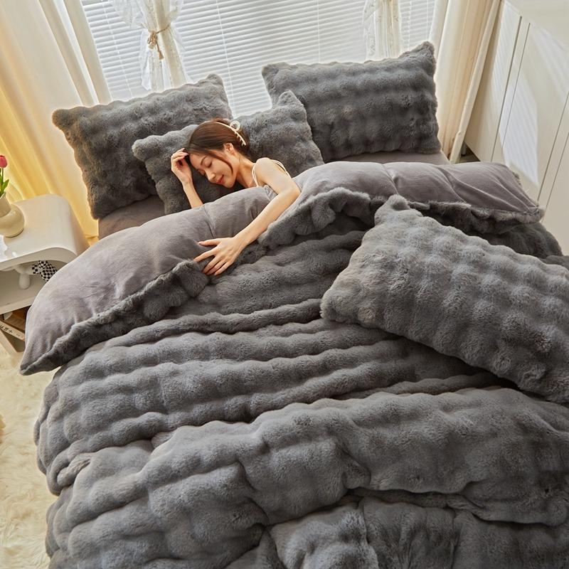 Light Luxury Rabbit Fleece Thickened Milk Fleece Four-Piece Set, Bed Sheet Quilt Cover Three-Piece Set, Bedding, Bed Hat Model