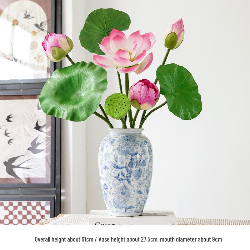 Chinese Lotus Artificial Flower Decoration for Living Room and Dining Table - Realistic Floral Arrangement with Lotus Leaf.