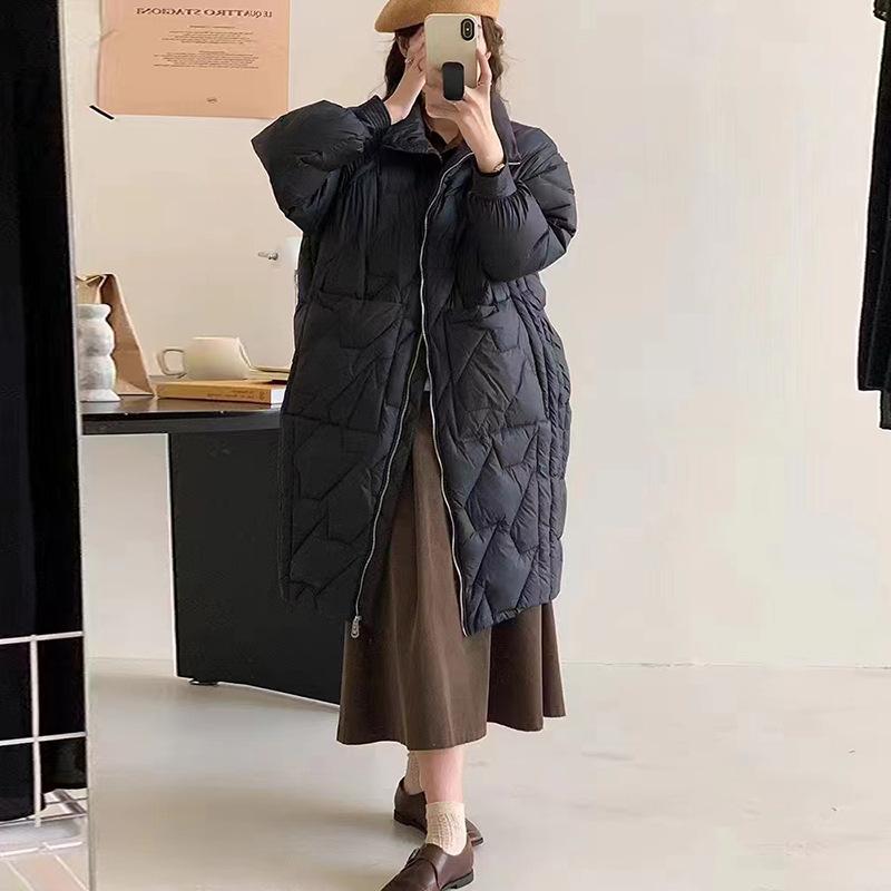 White duck down long down jacket women's 2024 winter new fashion stand-up collar diagonal plaid warm knee jacket tide