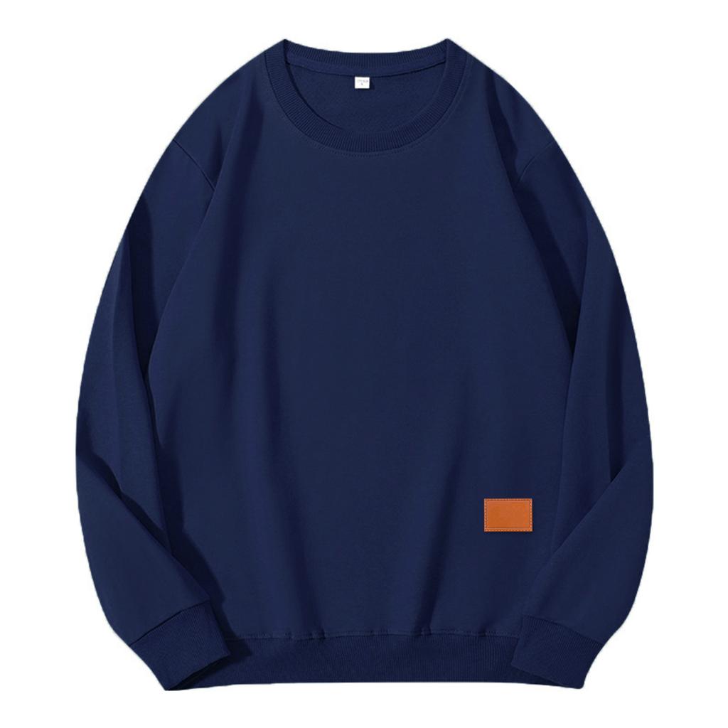 Unisex Solid Color Cowhide Label Round Neck Pullover Ribbed Long-sleeved Sweatshirt