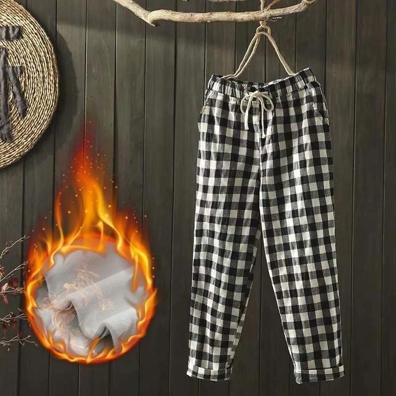 Damskie spodnie w kratę wiosenno-letnie w stylu literackim, luźne, dziewięciominutowe, z wysokim stanem i wygodnymi szerokimi nogawkami