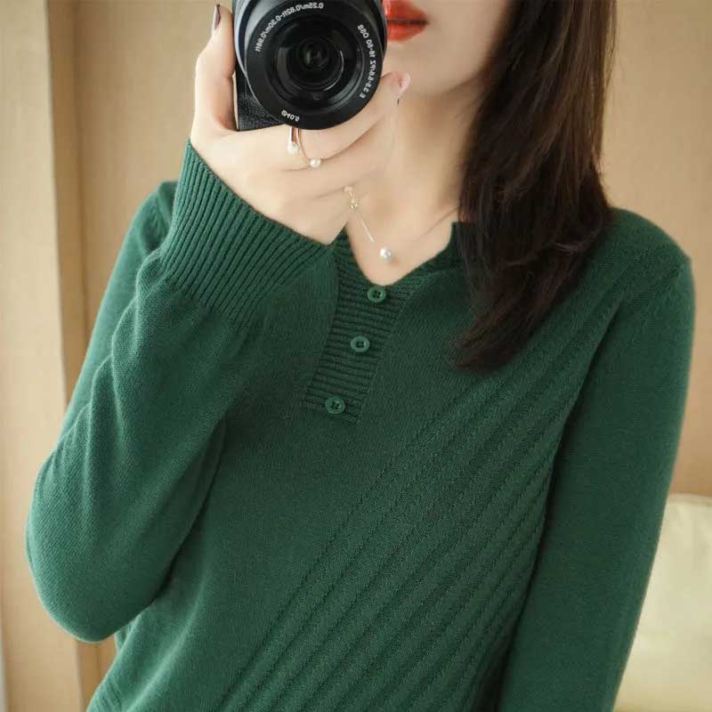 Thin Versatile Pullover Casual Sweater Women's V-Neck 100% Cotton Bottoming Shirt Loose Long Sleeve T-Shirt Knit Sweater