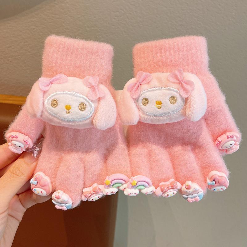 Girls' Kuromi Fleece-Lined Fingerless Gloves - Warm, Cold-Proof, Autumn/Winter Children's Accessories