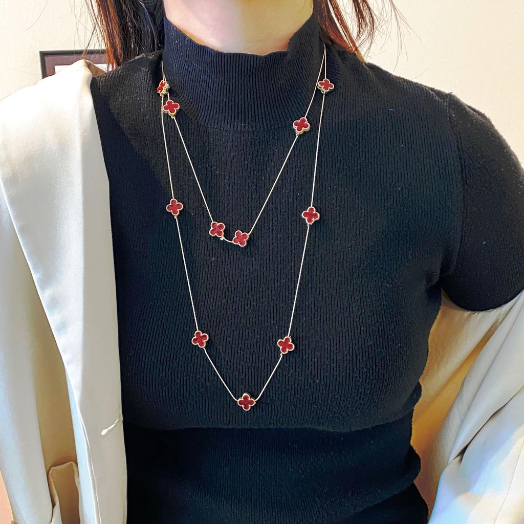 Light Luxury Four-leaf Clover Long Necklace Women with Fall and Winter Sweater Chain High-level Sense of Double Layered Stacked Clothes Pendant
