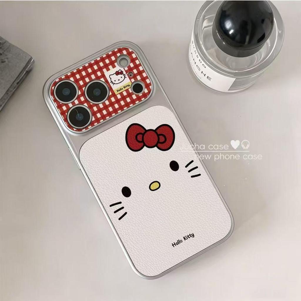"Simple Plaid Leather iPhone 16 Pro Max & Apple 17 Case with Electroplated Window Sticker".