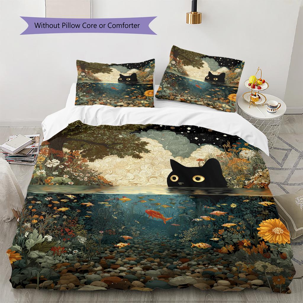 Leaf Cat Pattern Bedding Quilt Set Home Decoration Gift (1 * duvet cover + 2 * pillowcase without core)