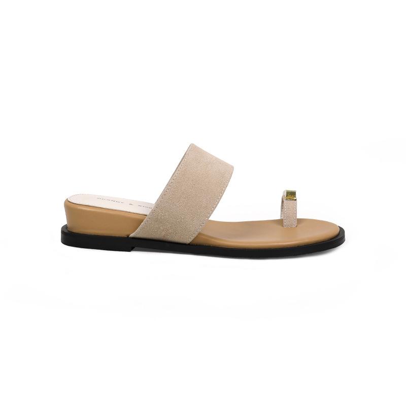 Cowhide Version] Genuine Leather Wedge Heel Toe One-word Sandals Women's 2025 Summer New Versatile and Comfortable Outer Wear Cool Slippers