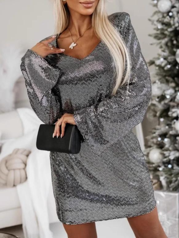 Jarní evropské a americké šaty s flitry s výstřihem do V a trumpetovými rukávy pro ženy