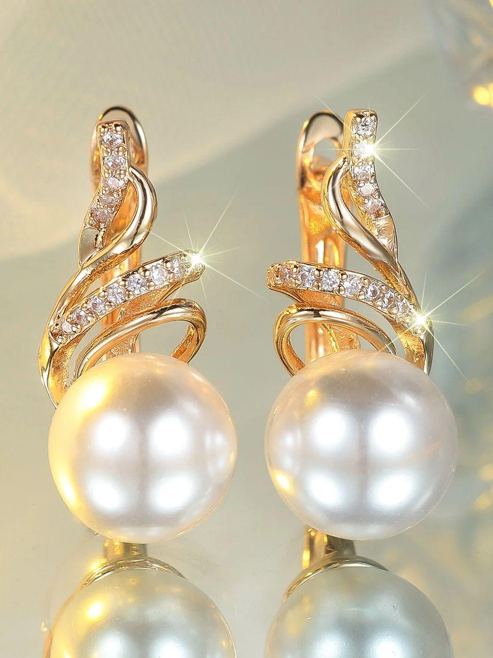 

Білі перлинні цирконові сережки-кільця Розкішні жіночі Золотистий колір Весільні прикраси Для жінок