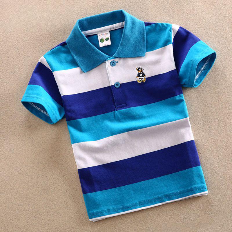 

Boys Short-sleeved T-shirt Summer Children s T-shirt Colorful Striped Children s Lapel Top T-shirt 115cm