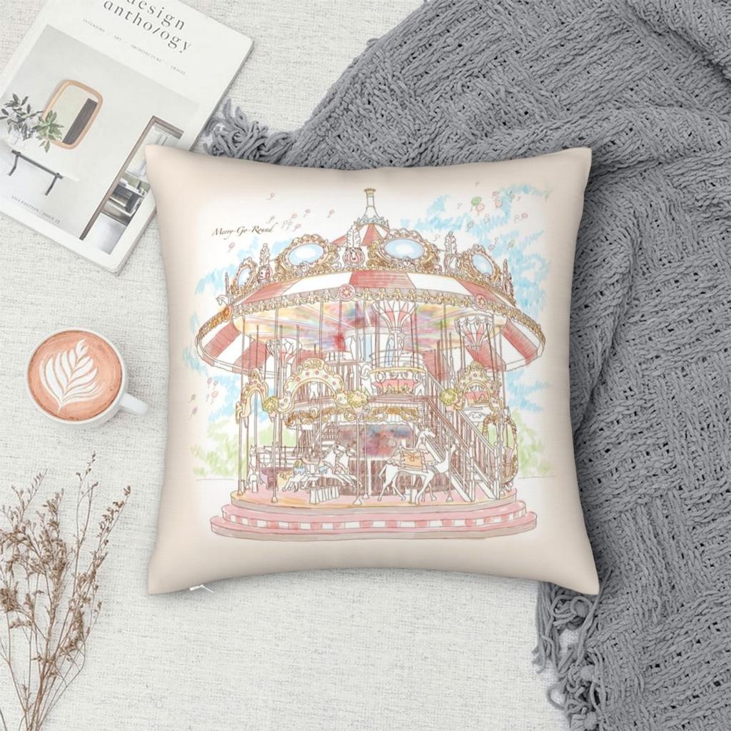 Pastel Circus Carousel Square Pillowcase Polyester Linen Velvet Printed Zip Decor Throw Pillow Case Home Cushion Cover 45x45