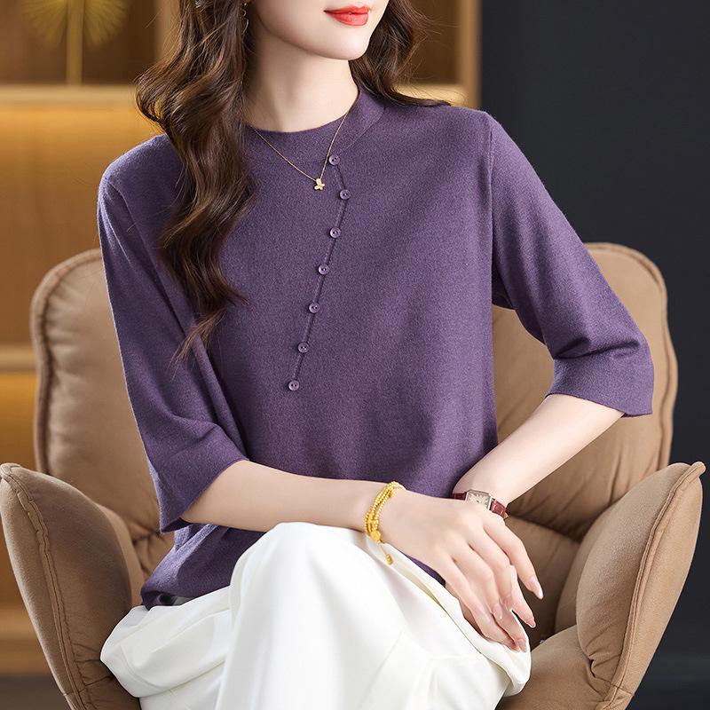 Stylish Plus Size Round Neck Knit Top for Middle-Aged Women - Mid-Sleeve Sweater