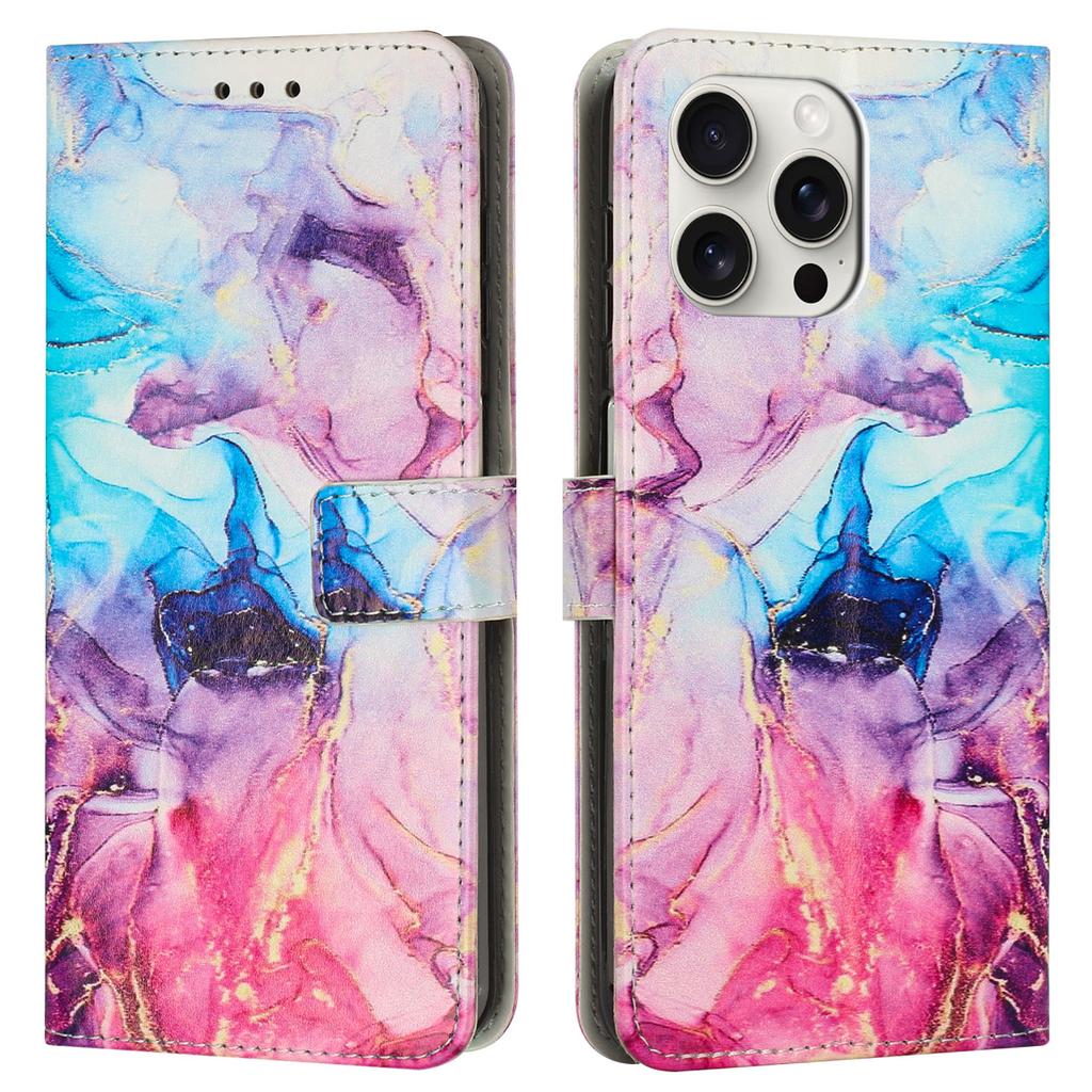 For iPhone 16 Pro Stand Case Marble Pattern PU Leather Wallet Phone Cover with Wrist Strap