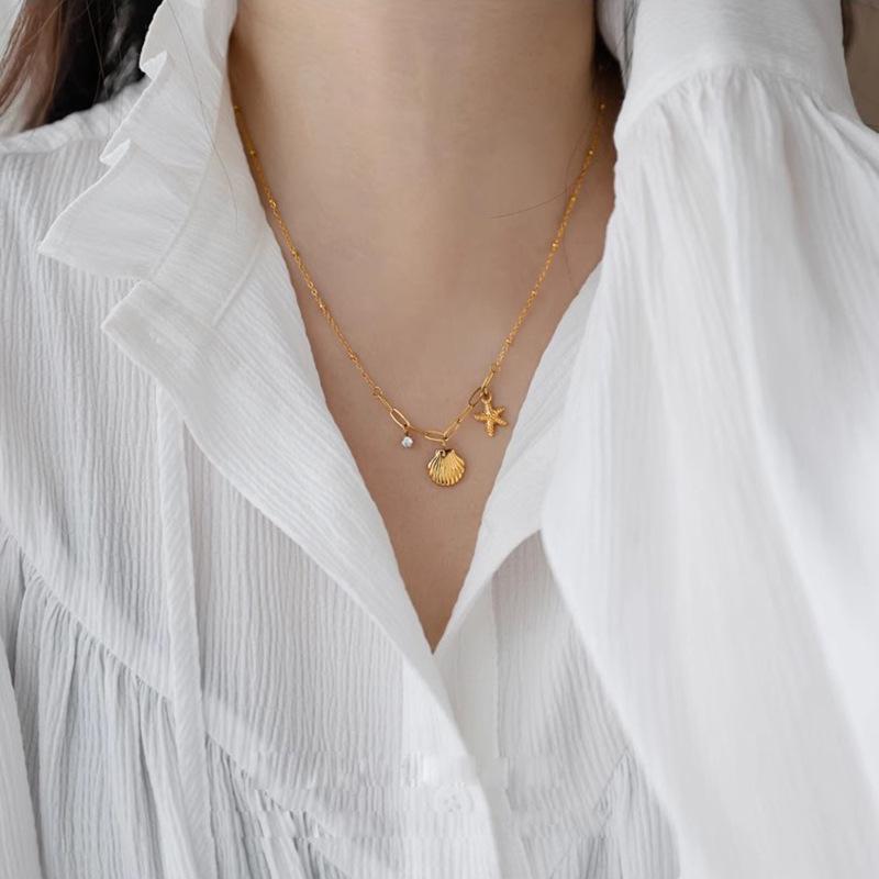 Luxury Gold Shell Starfish Rhinestone Necklace Women Collarbone Chain Short Style Jewelry