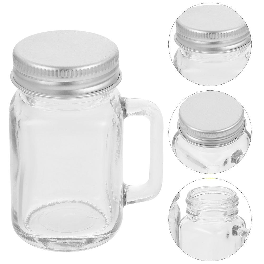 6 Stück Einmachgläser mit Henkeln und Deckeln Glas-Getränkeflaschen für Getränke, Desserts und Marmelade Luftdicht Nachfüllbare Getränkedosen 60ml
