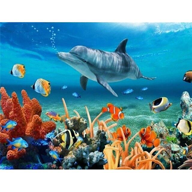 Animal Dolphins with Fish 5D Diy Diamond Painting Full Round Drill Mosaic Diamond Embroidery Rhinestones Home Decoration