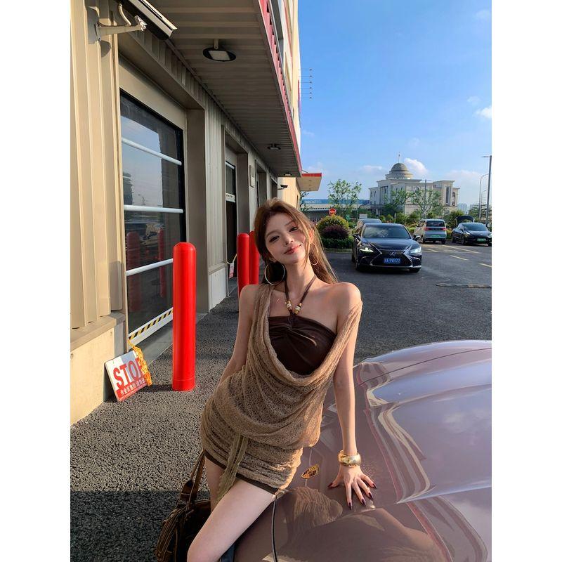 Kumikumi Gyaru Style Elegant Swing Collar Hanging Neck Dress Women Summer Fake Two Pieces Patchwork Lace Coffee Color Short dress